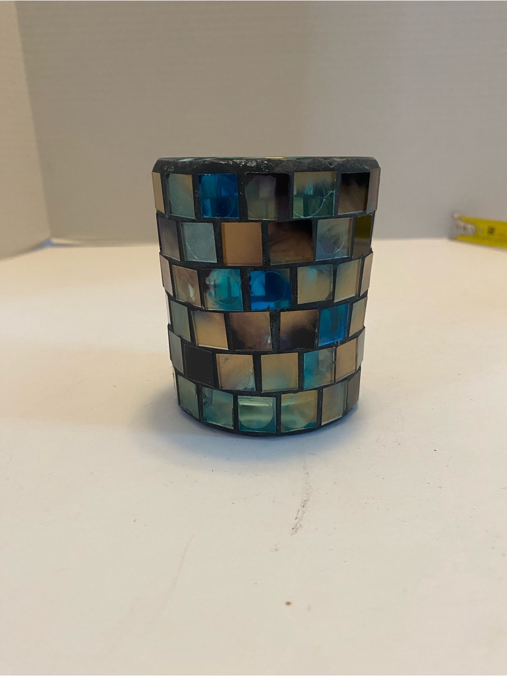 Mosaic candle holder 3.5”x 3” blue, Tan , Teal Multi Colored Glass Votive - Picture 3 of 7
